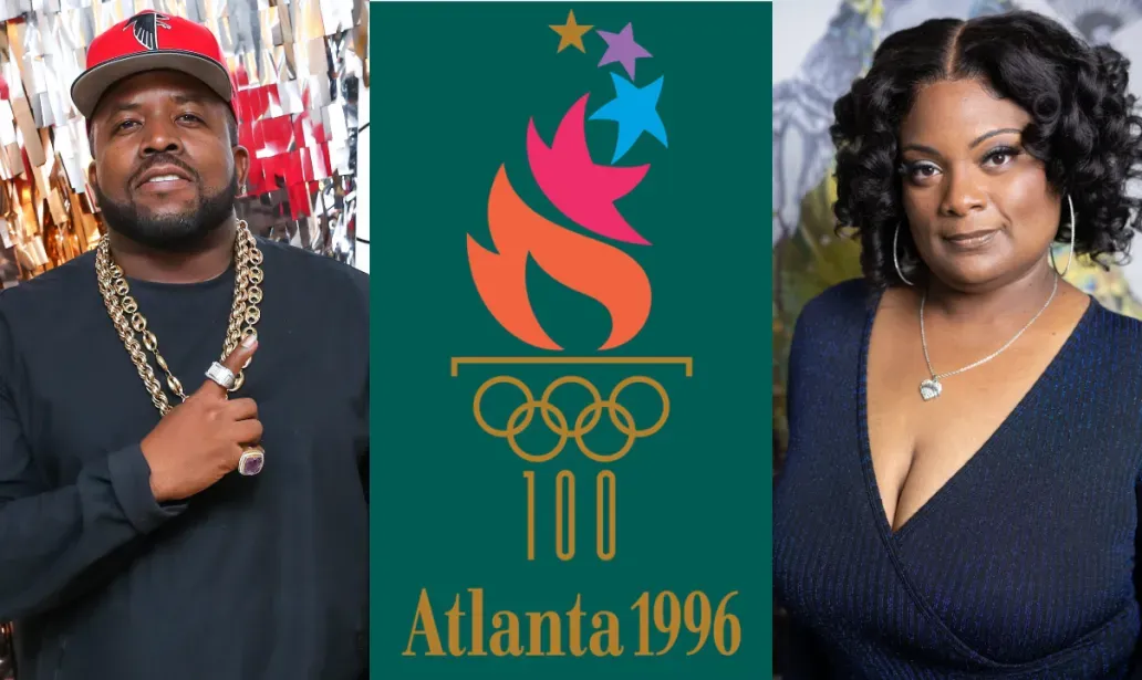Two side-by-side portraits flanking an Atlanta 1996 Olympics logo on a teal background