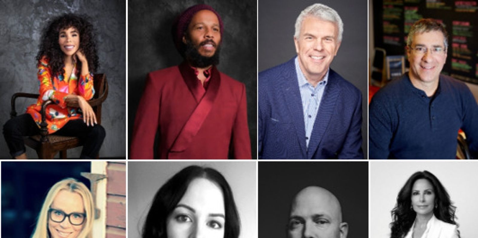 Collage of eight portrait headshots of people against dark and light backgrounds