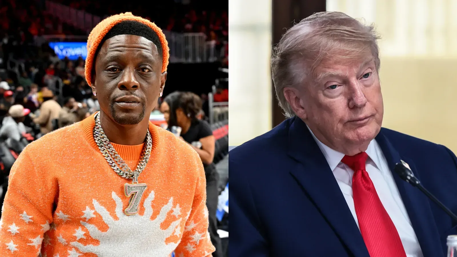 Two men at a public event: one in an orange sweater, the other at a podium in a dark suit with a red tie.