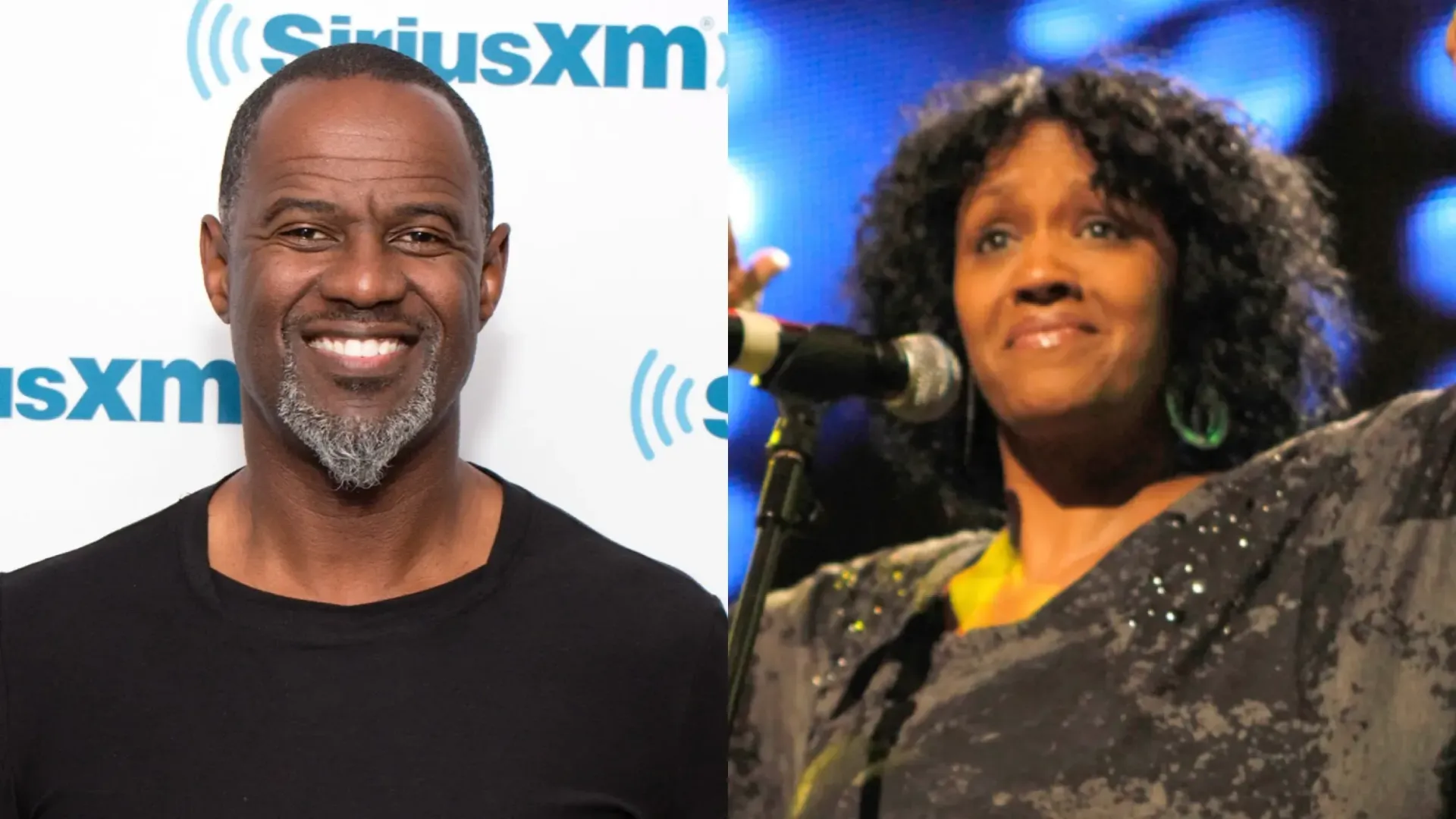 Two people at SiriusXM: a smiling man in a black shirt and a woman speaking into a microphone.
