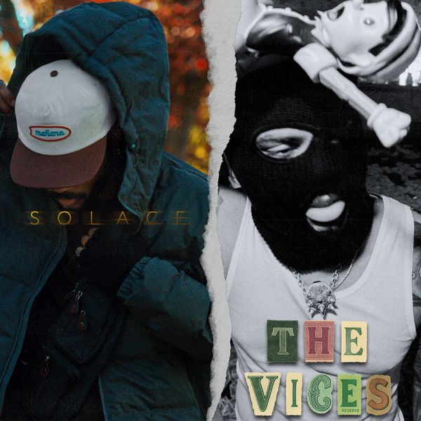Two-panel collage: hooded figure in teal jacket beside a masked figure with “THE VICES” text.