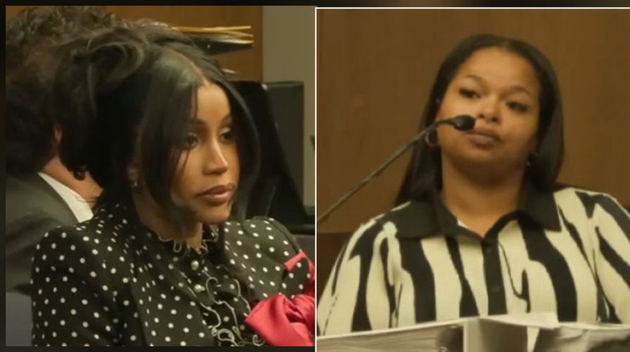 Split-screen courtroom view: a woman in a black polka-dot blouse listens, and another speaks at a podium.
