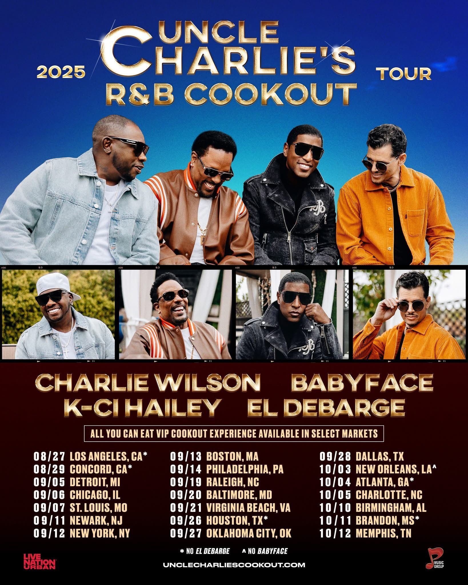 Poster for Uncle Charlie’s R&B Cookout Tour 2025, with artist photos and tour dates on a black background