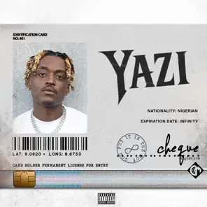 Stylized ID card with a portrait, large “YAZI” text, and printed details on a white background