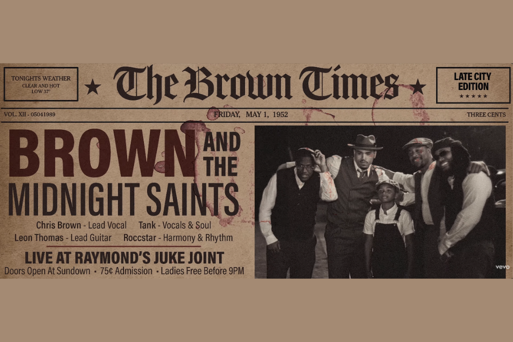 Brown Times newspaper-style poster for Brown and the Midnight Saints live at Raymond's Juke Joint, with band photo and bold headline