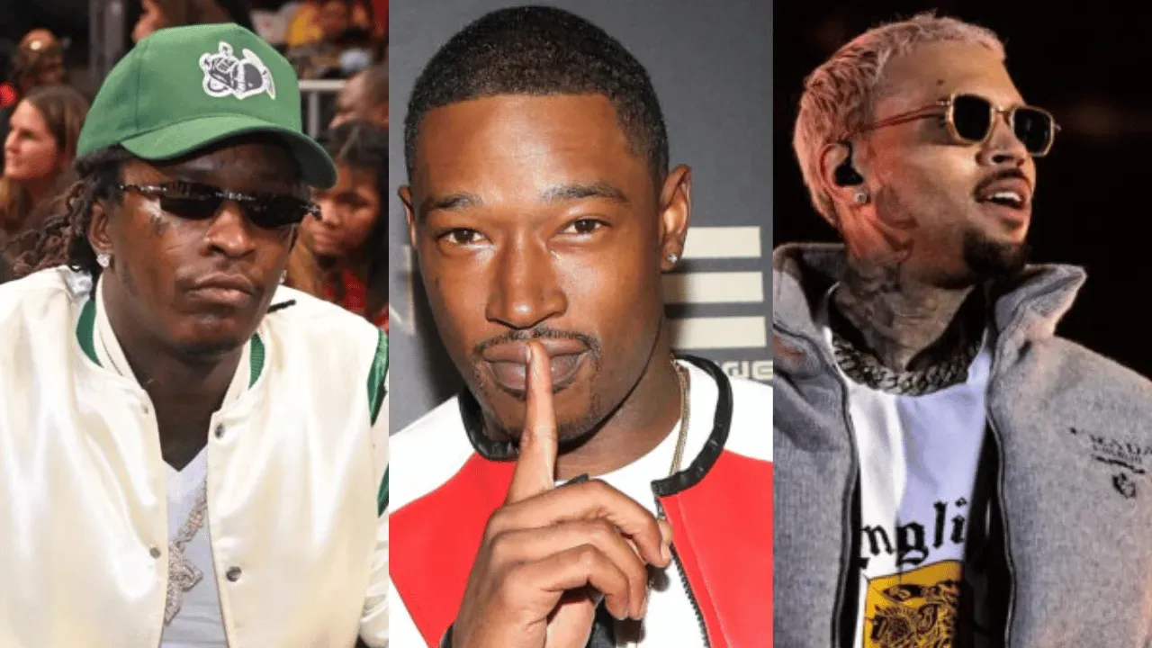 Three hip-hop artists in a collage, including one making a shushing gesture and one in sunglasses.