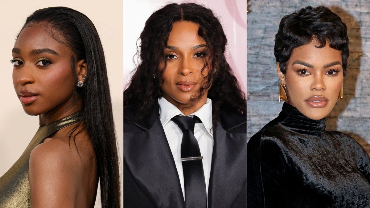 Three portrait photos of a person in formal black outfits and jewelry against a soft pink background.