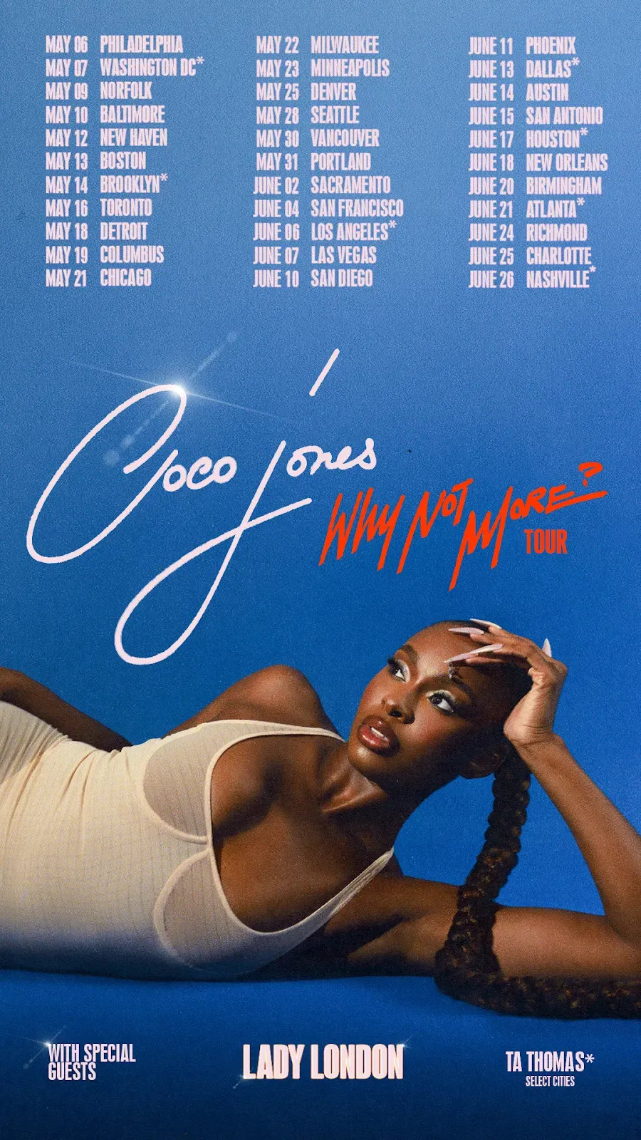Blue album cover with a reclining woman in a white top and title text “Coco Jones” and “Why Not More?”
