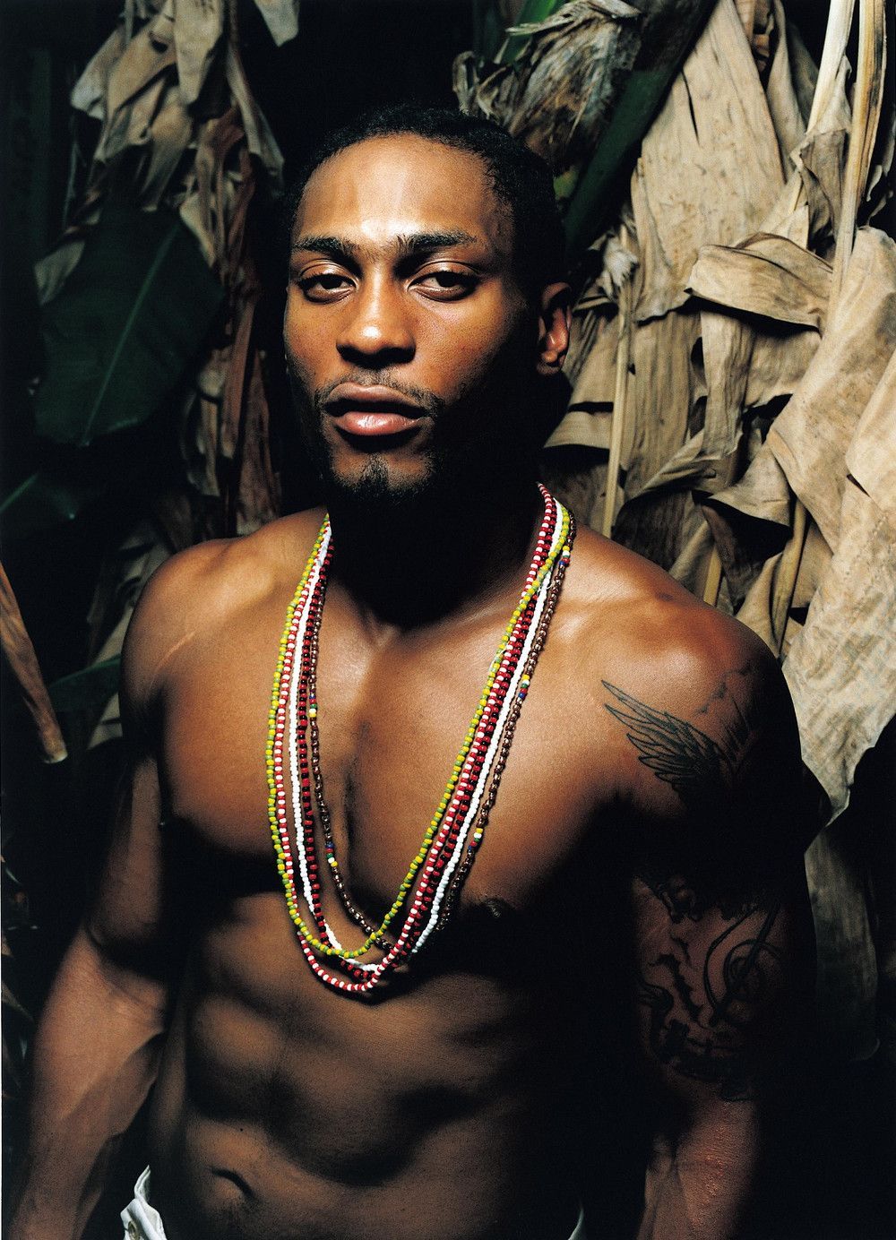 Portrait of a shirtless man wearing colorful bead necklaces against a leafy backdrop