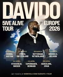 Davido 5ive Alive Tour Europe 2026 poster with dates and cities on a cloudy blue background