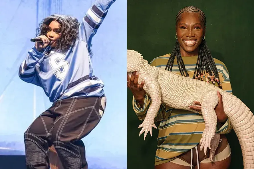 Two side-by-side portraits: one person dancing in a blue sweatshirt, another smiling and holding a large lizard.