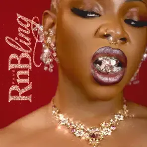 Close-up portrait of a woman in sparkling jewelry on a red background with “R&Bling” text