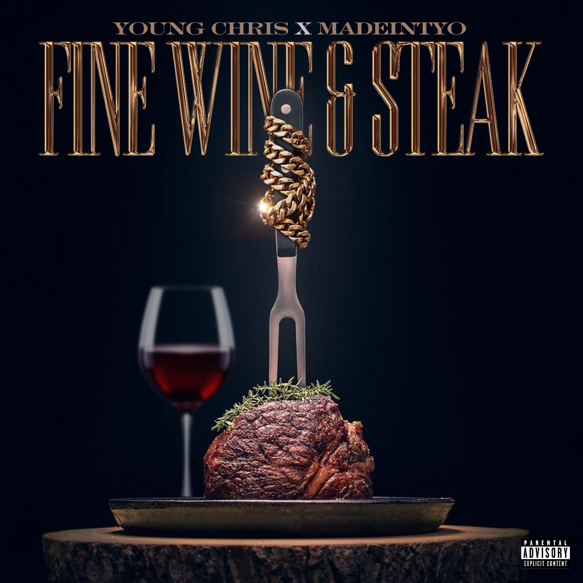Album cover with steak on a fork, wine glass, and title “Fine Wine & Steak” on a dark background