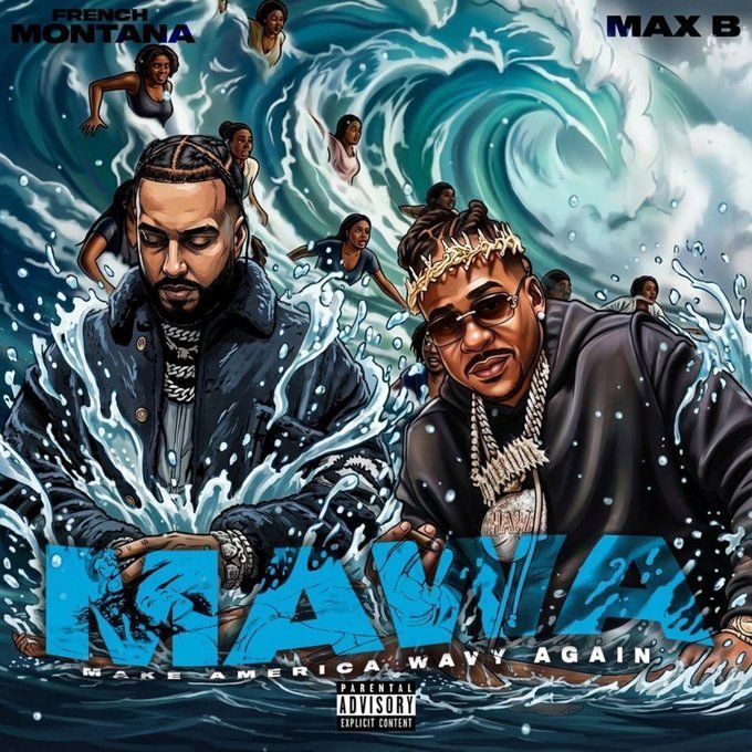 Album cover with two artists in front of a crashing blue wave, bold “ISLANDS” title, and smaller text.