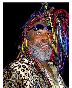 Person with gray beard, leopard-print jacket, and colorful hair covering sunglasses, posing against a black background