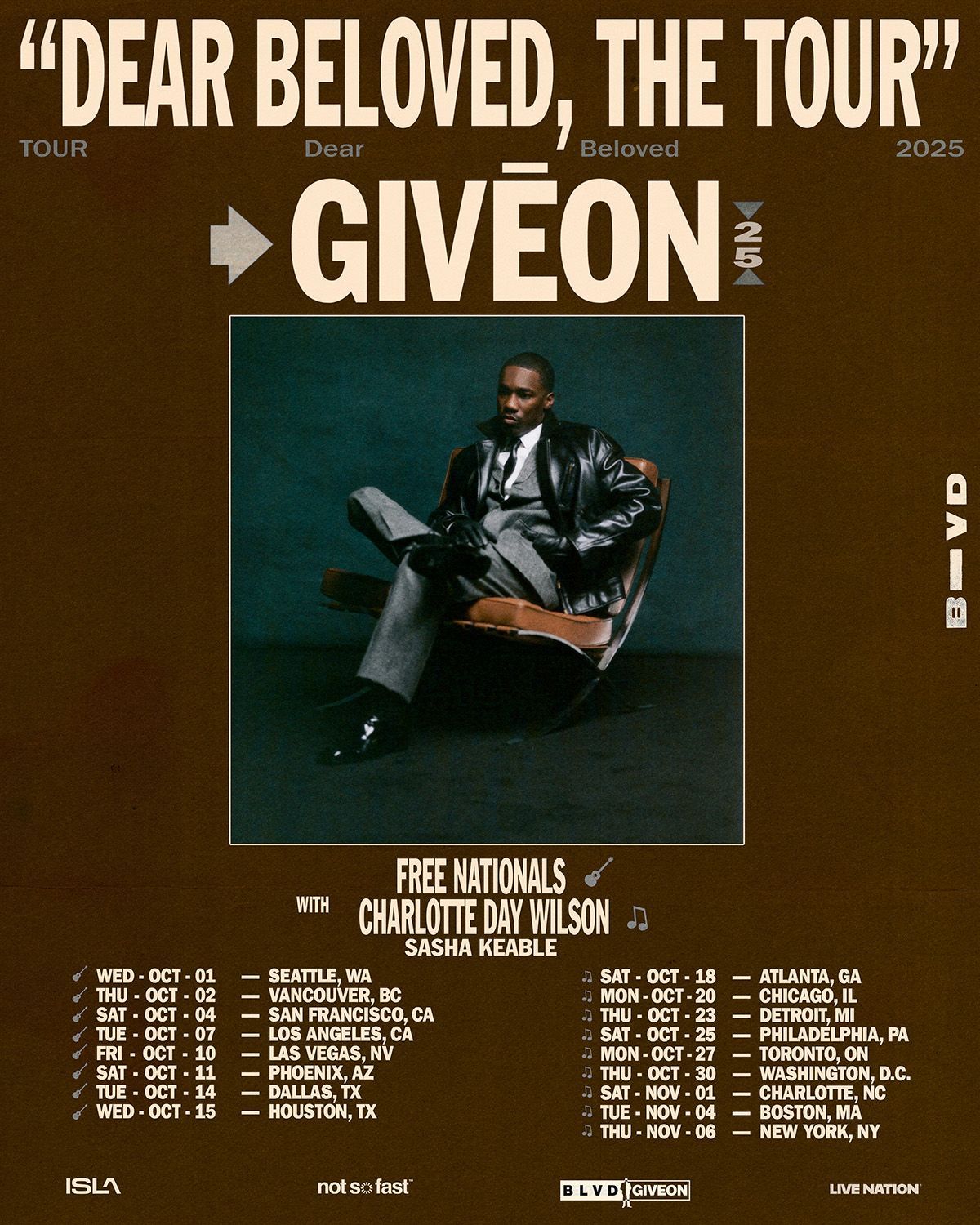 Tour poster for GIVĒON, “Dear Beloved, The Tour,” on a brown background with a seated artist portrait.