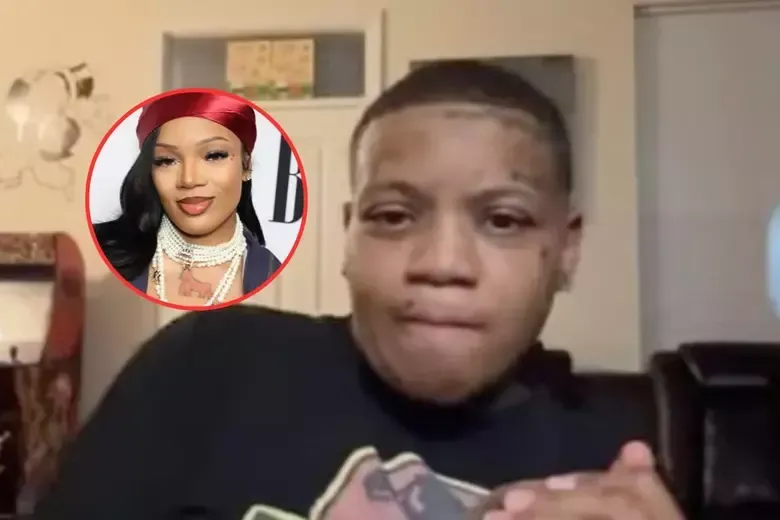 Person in black shirt on webcam with a red-circled inset portrait in the corner