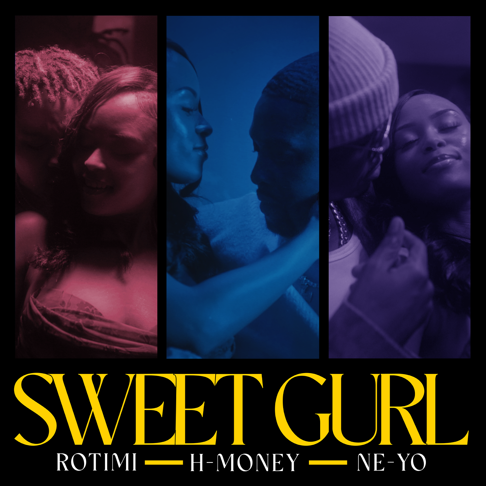 Movie poster with three romantic couple close-ups in pink, blue, and purple, titled “SWEET GIRL.”
