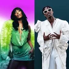 Two fashion models posing against pink and teal backgrounds, wearing bright green and white outfits.