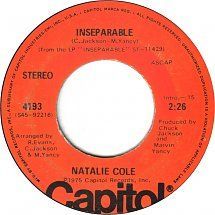 Orange Capitol Records 45 RPM label for Natalie Cole’s “Inseparable” single