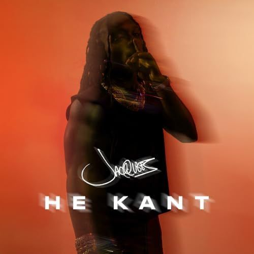 Person in black against an orange background with the text “HE KANT” and a stylized signature.