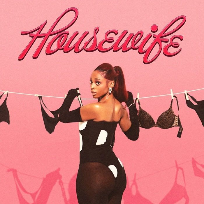 Pink promo art with the word “Housewife,” featuring a woman posing in lingerie beside hanging bras.