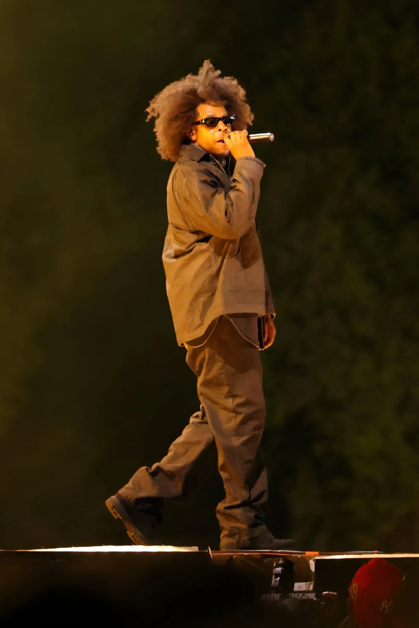 Person with curly hair and sunglasses performs onstage, holding a microphone under warm stage lights.