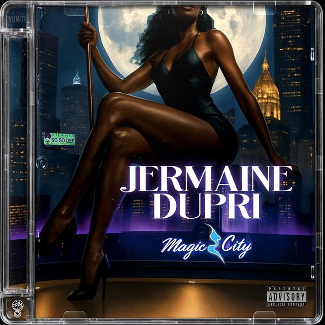Jermaine Dupri “Magic City” album cover with a seated woman in a club-like city skyline scene