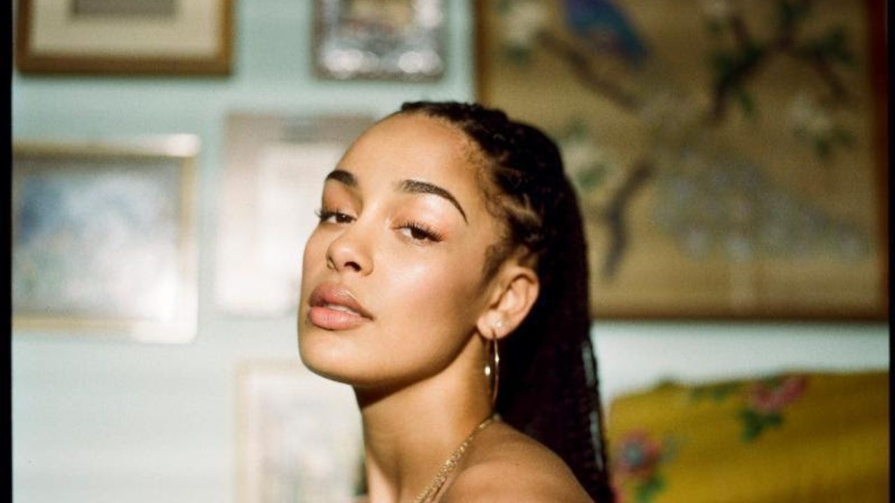 Portrait of a woman with braided hair and gold jewelry, looking at the camera against a blurred indoor background