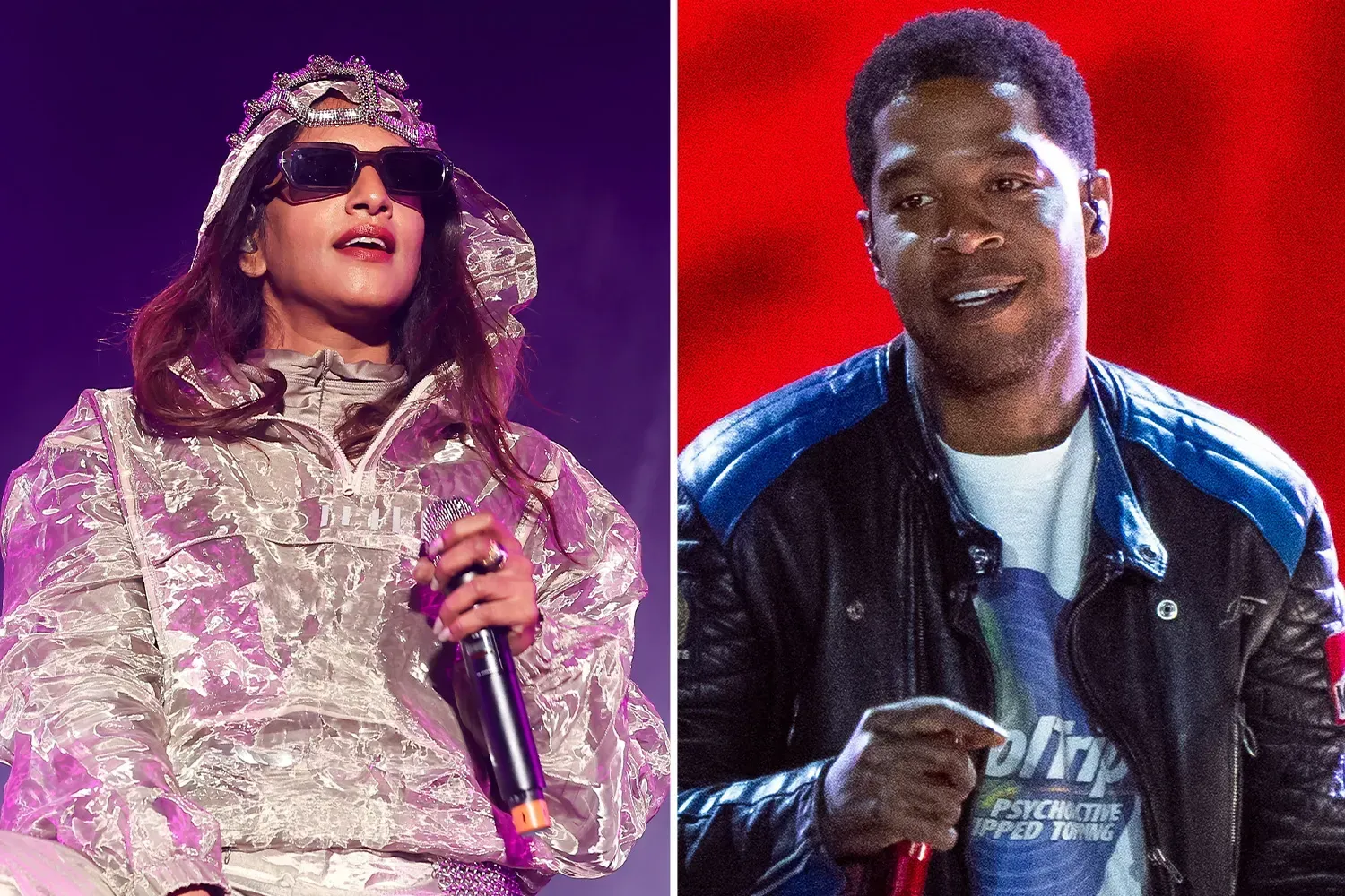 Two performers in split-screen: left in silver jacket and sunglasses with mic, right in black jacket and blue shirt with mic.