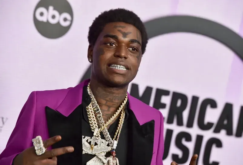 Singer posing on an ABC American Music Awards red carpet in a purple and black jacket, wearing layered chains.