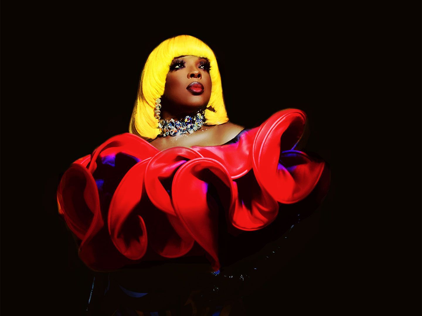 Person in bright yellow hair and red ruffled outfit against a dark background