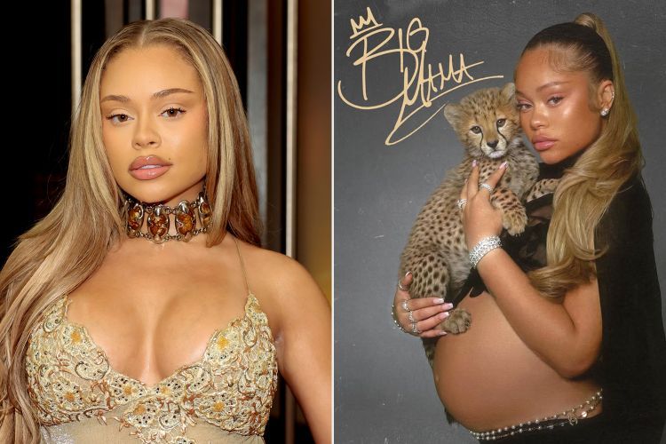 Two side-by-side portraits of a woman in a jeweled top, one holding a leopard cub against a dark backdrop.