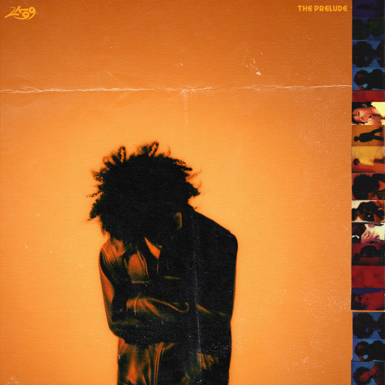 Silhouetted person against an orange background, with a vertical collage strip on the right.