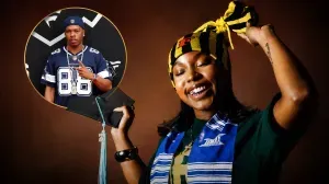 Smiling woman in a blue vest adjusts her headwrap beside a circular inset of a football player in a jersey