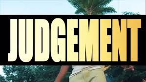 Large bold word “JUDGEMENT” over a tropical outdoor scene with palm trees.
