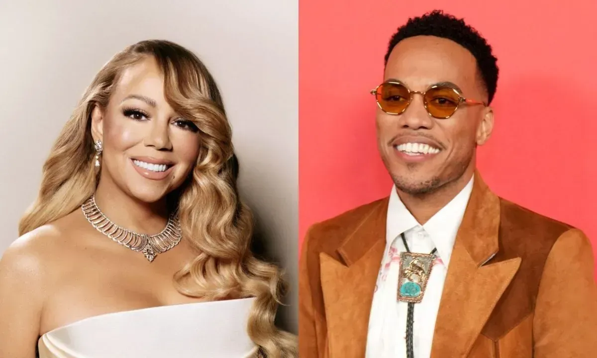 Two side-by-side celebrity portraits: one in a white off-shoulder dress, one in a tan suit and orange glasses.