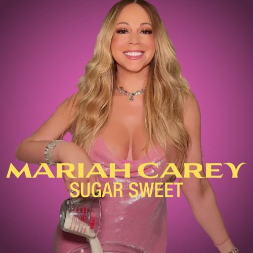 Mariah Carey smiling in a pink dress on a purple background, with “Sugar Sweet” album text