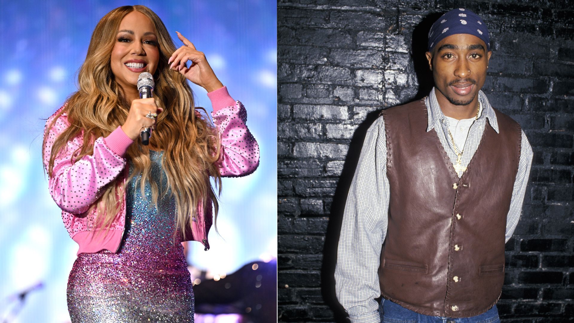 Two side-by-side stage photos: a woman singing in a pink jacket and a man in a brown vest against a brick wall.