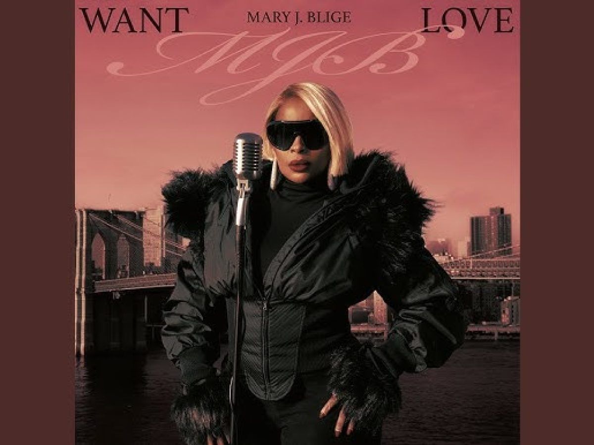 Woman in black fur coat and sunglasses posing against a pink city skyline with the words “WANT LOVE” above.