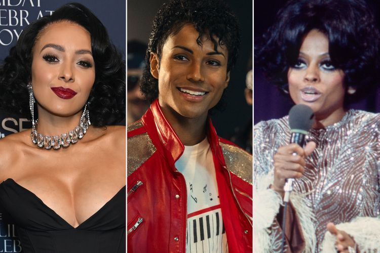 Three photos of a singer at events, including a red jacket portrait, black dress pose, and stage performance