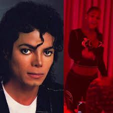 Split image: close-up portrait on left; red-lit full-body stage pose on right.