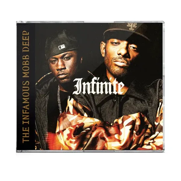 Album cover for “Infinite” by The Infamous Mobb Deep, featuring two men in dark clothing and caps.