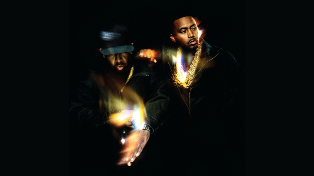 Dimly lit portrait of three people in dark clothing with warm gold highlights on a black background