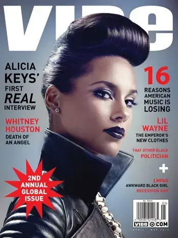 Vibe magazine cover with Alicia Keys portrait and headlines in red and white.
