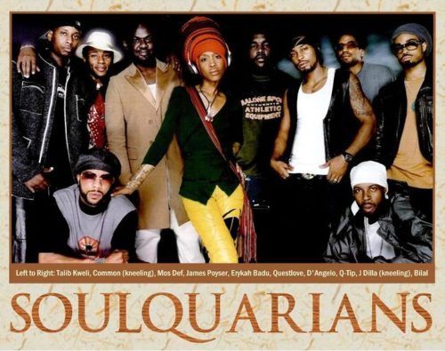 Soulquarians group portrait with nine people posing in colorful streetwear and hats