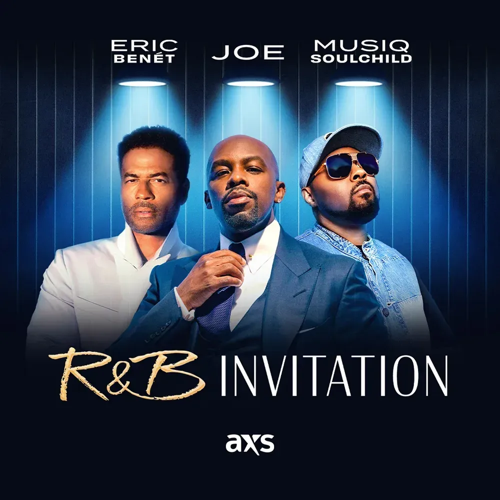 Eric Benét, Joe, and Musiq Soulchild on an R&B Invitation concert poster with blue stage lights