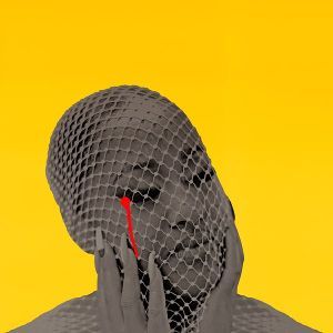 Gray 3D face covered in a net against a bright yellow background, with a red mark on the cheek