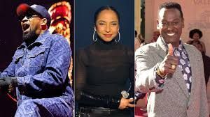 Three side-by-side portraits of people at microphones and onstage, smiling and performing.