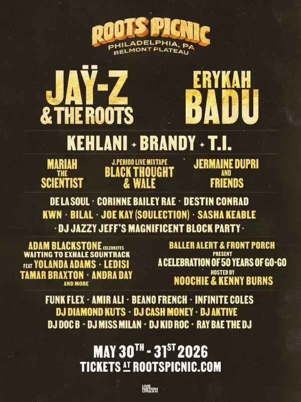 Roots Picnic 2026 concert poster with Jay-Z, Erykah Badu, Kehlani, and The Roots on a gold-to-black background